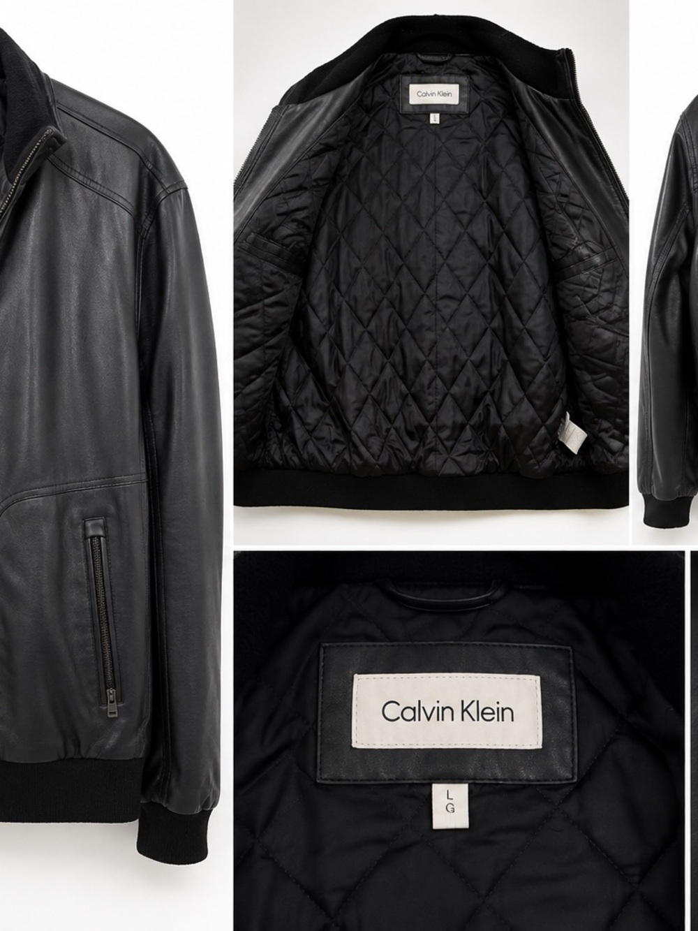 Calvin Klein Black Quilted-Lined Leather Bomber Jacket